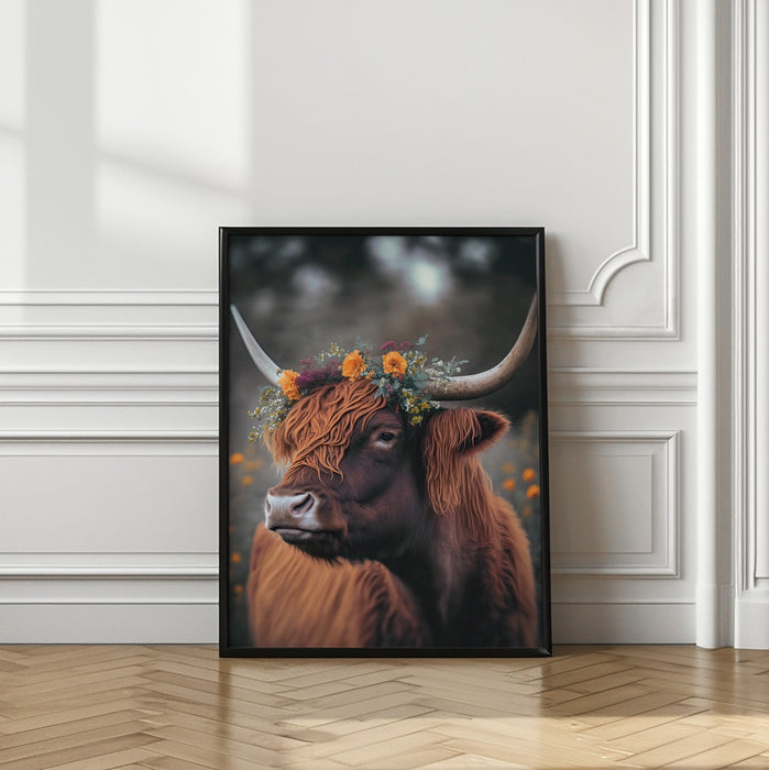 Highland Cow With Flowers Framed Art Modern Wall Decor