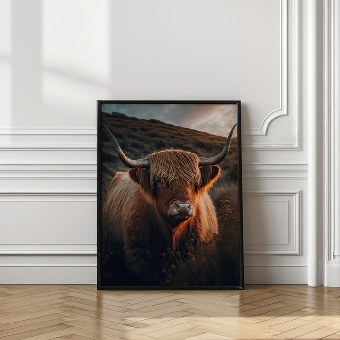 Highland Cow With Big Horns Framed Art Modern Wall Decor