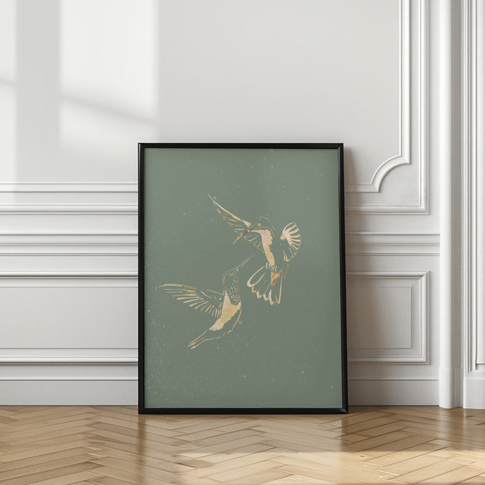 Sage Green Gold Hummingbirds Framed Art Wall Decor