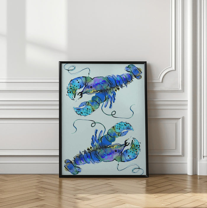 Lobsters On Azure Framed Art Wall Decor