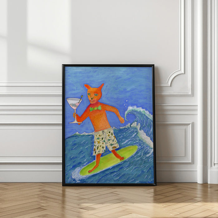 Surfing Cocktail Cat Framed Art Wall Decor