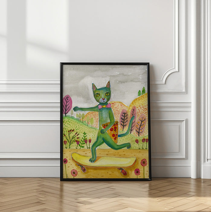 Pizza Cat Framed Art Wall Decor