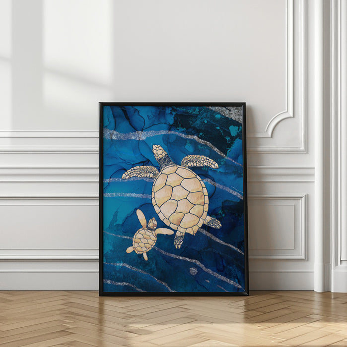 Gold turtles swimming Framed Art Wall Decor