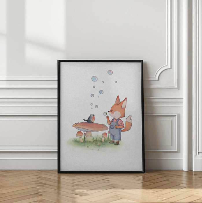 Fox and Bird Illustration Framed Art Wall Decor