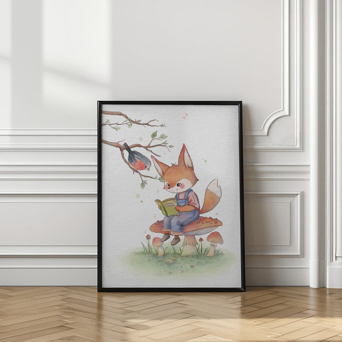 Fox and Bird Illustration Framed Art Wall Decor