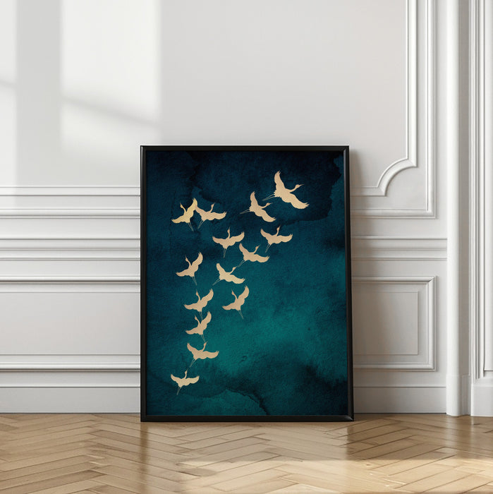 Teal Flying Cranes Framed Art Wall Decor