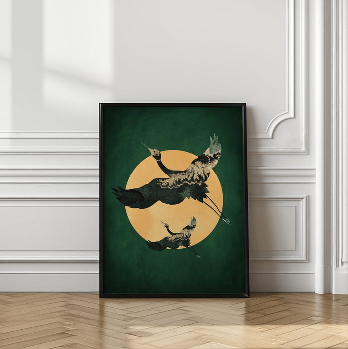 Emerald Sun &amp; Cranes Framed Art Modern Wall Decor