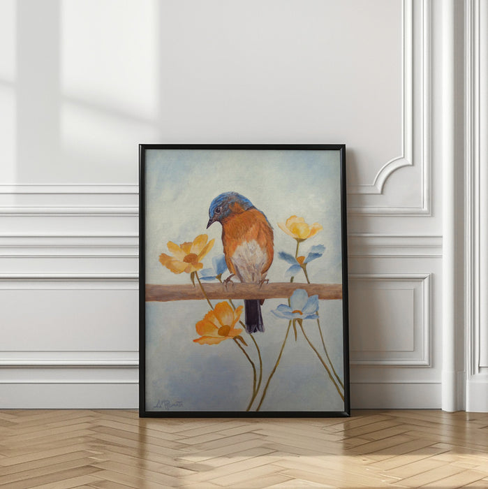 Flower Peeping Eastern Bluebird Framed Art Wall Decor