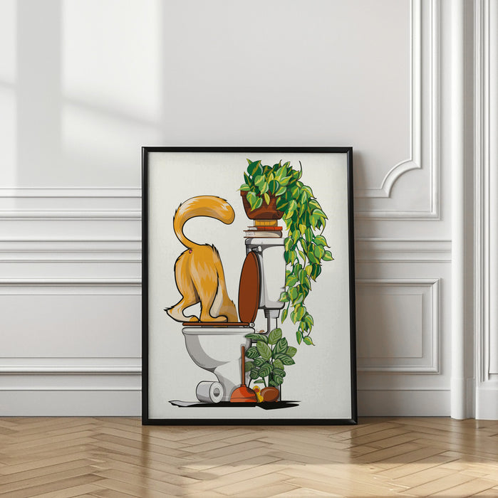 Cat Drinking From the Toilet Framed Art Wall Decor