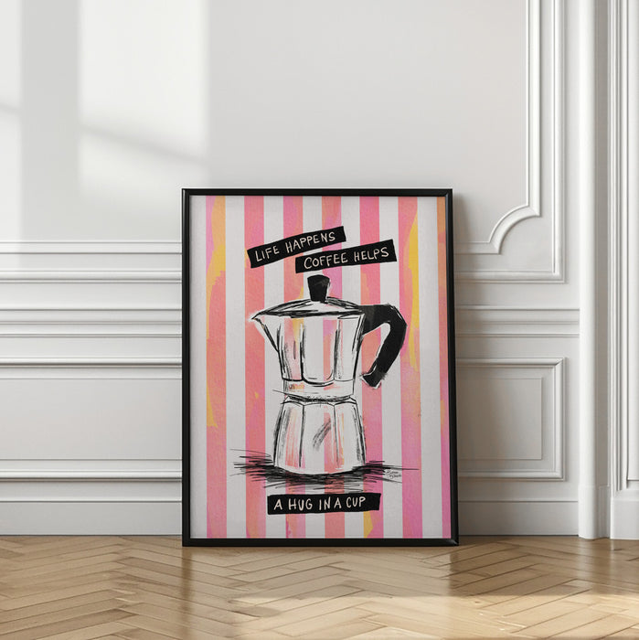 Mocca Coffee on Stripes - Hug in a Cup Framed Art Modern Wall Decor