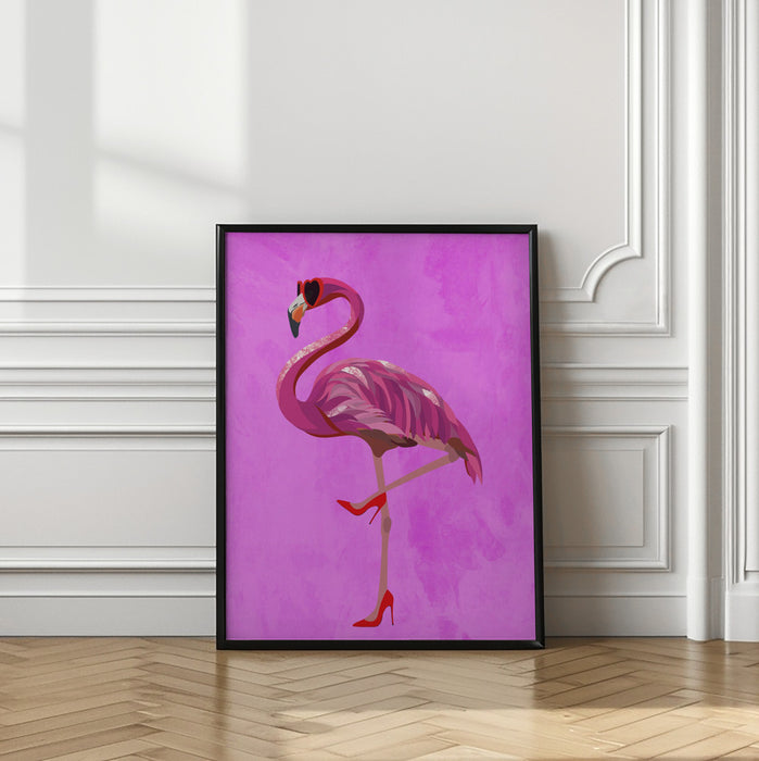 Flamingo in heels and heart glasses pink Framed Art Wall Decor