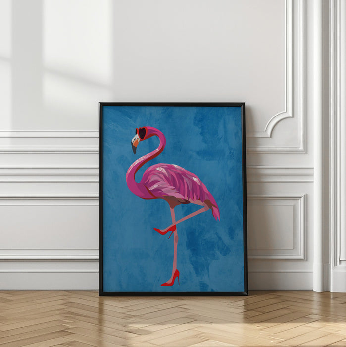 Flamingo in heels and heart glasses blue Framed Art Wall Decor