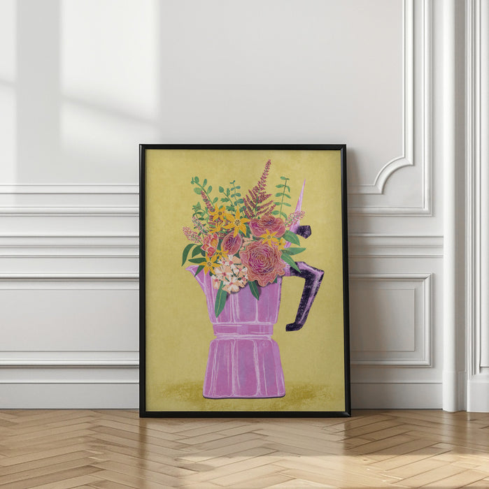 Espresso Maker with Flowers Framed Art Modern Wall Decor