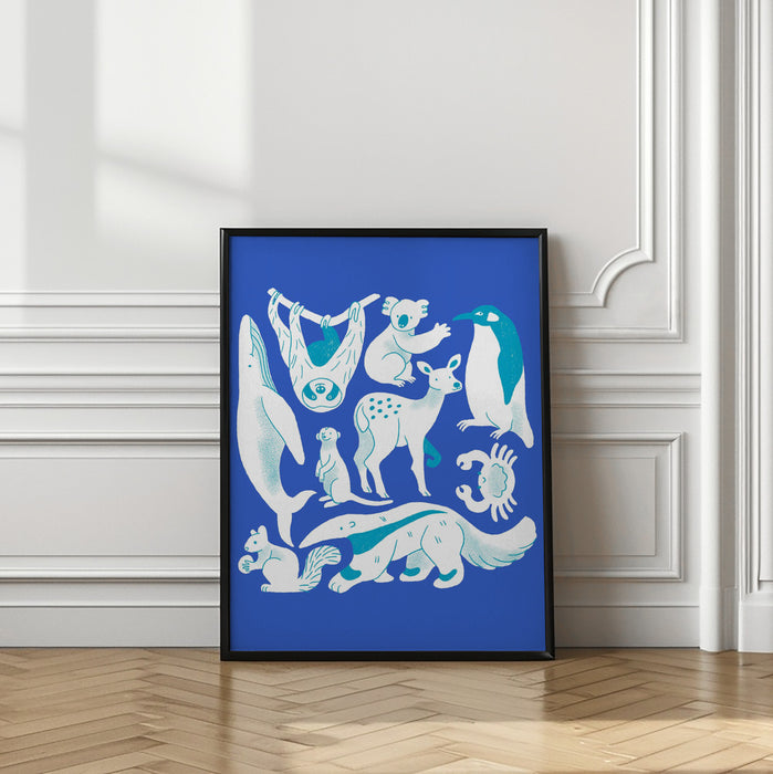 Blue Animal Collage Framed Art Modern Wall Decor