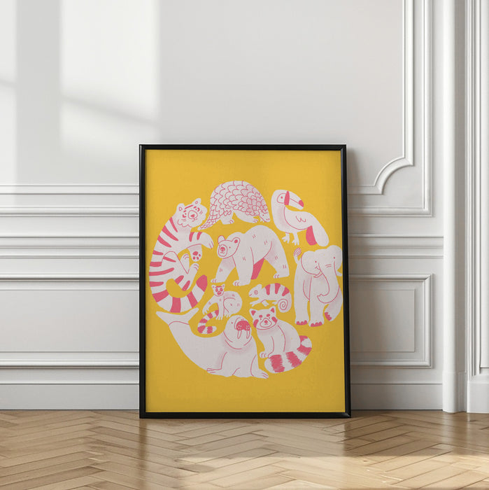 Yellow Animal Collage Framed Art Wall Decor