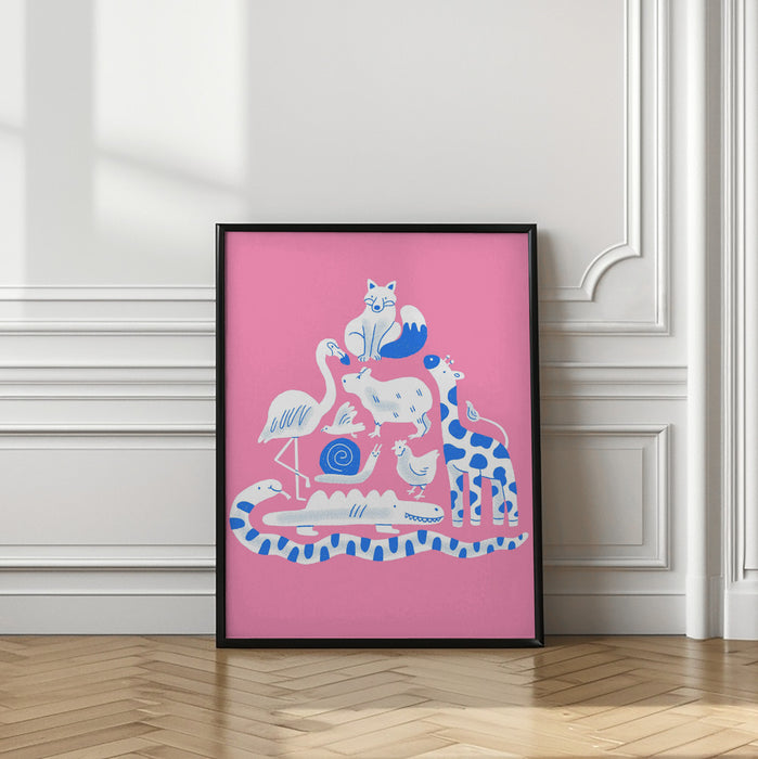 Pink Animal Collage Framed Art Modern Wall Decor