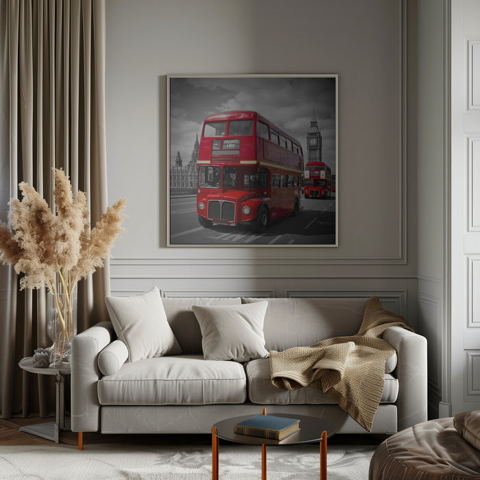 LONDON Red Buses on Westminster Bridge Square Canvas Art Print