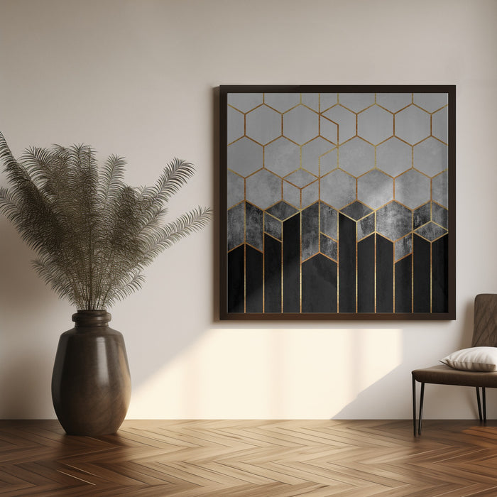 Charcoal Hexagons Square Canvas Art Print