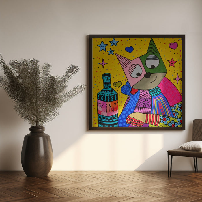 Cat and bottle of mint Square Canvas Art