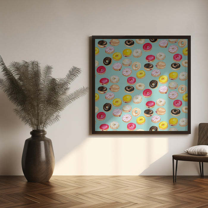 Watercolor donuts pattern in aqua Square Canvas Art Print