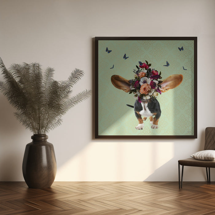 Spring Flower Bonnet On Doggy Square Canvas Art Print