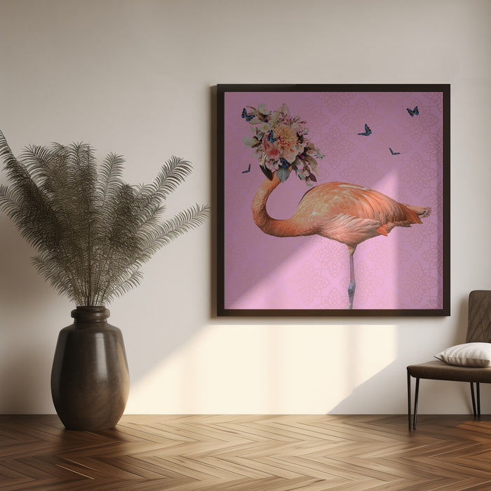 Spring Flower Bonnet On Flamingo Square Canvas Art Print