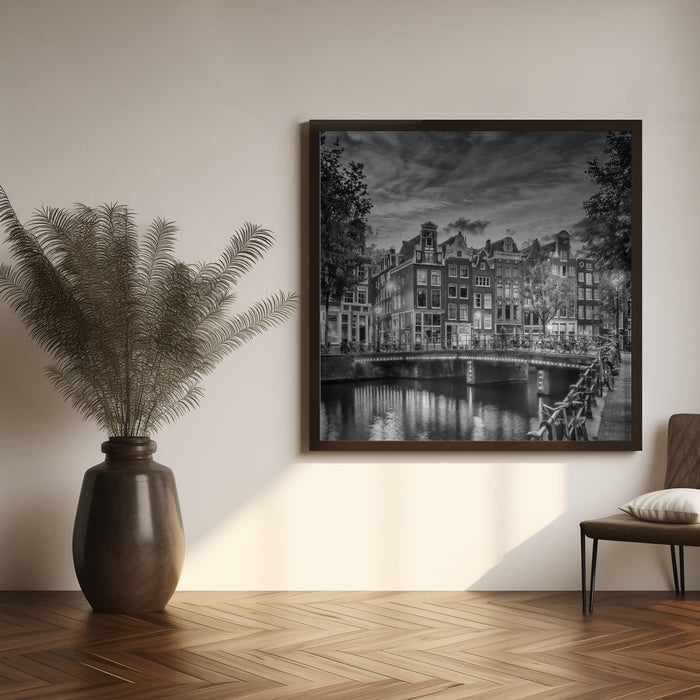 AMSTERDAM Idyllic impression from Singel - Monochrome Square Canvas Art Print