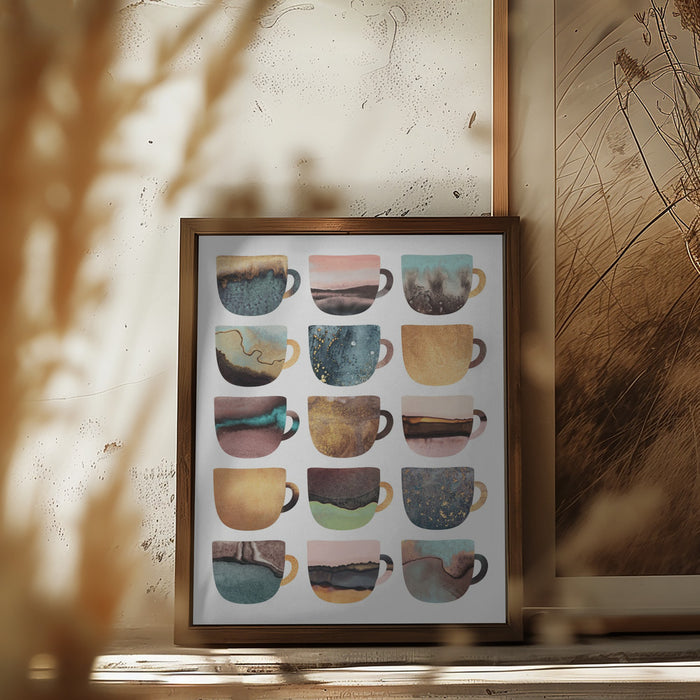 Earthy Coffee Cups Framed Art Modern Wall Decor