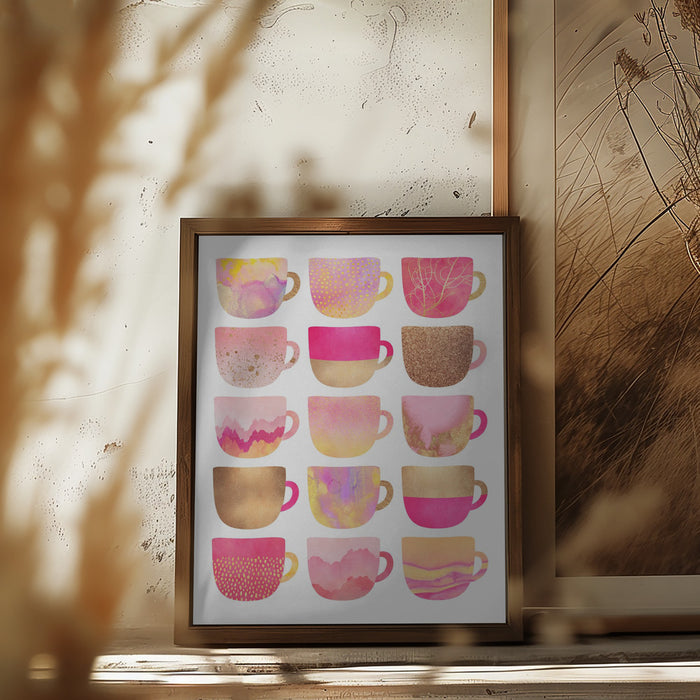 Pretty Pink Coffee Cups Framed Art Modern Wall Decor