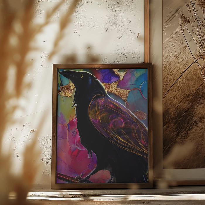 Raven with Pink and Gold Framed Art Modern Wall Decor