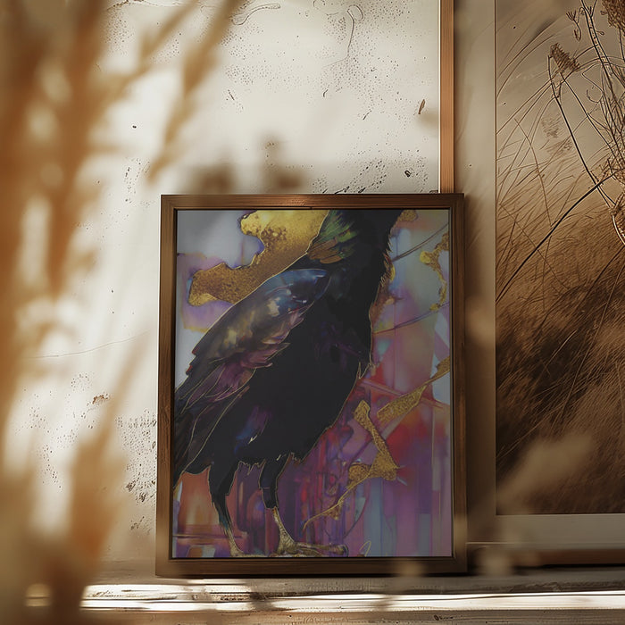 Raven with Pink and Gold Framed Art Modern Wall Decor