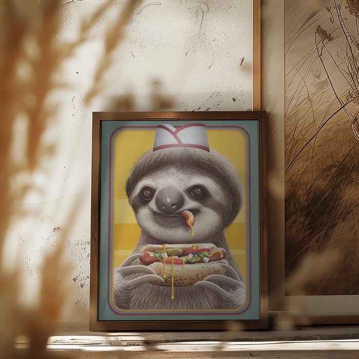 SLOTH SELLING HOTDOGS Framed Art Modern Wall Decor