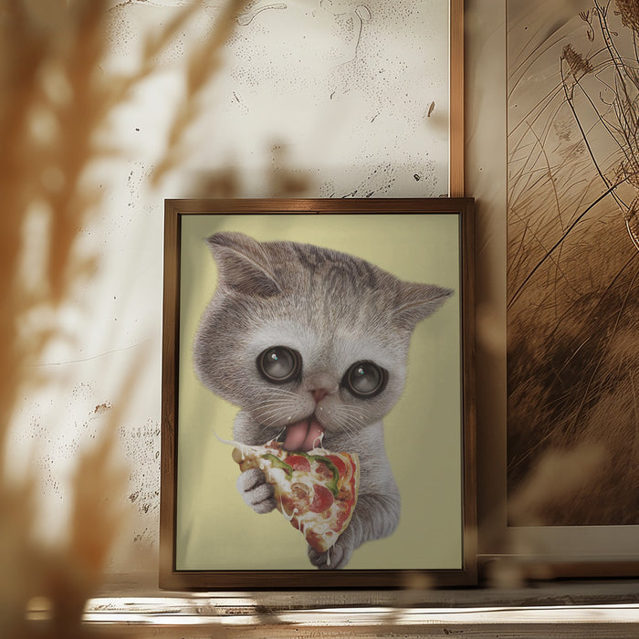 cat loves pizza Framed Art Wall Decor