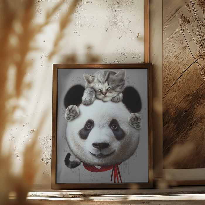 cat on panda bear Framed Art Wall Decor