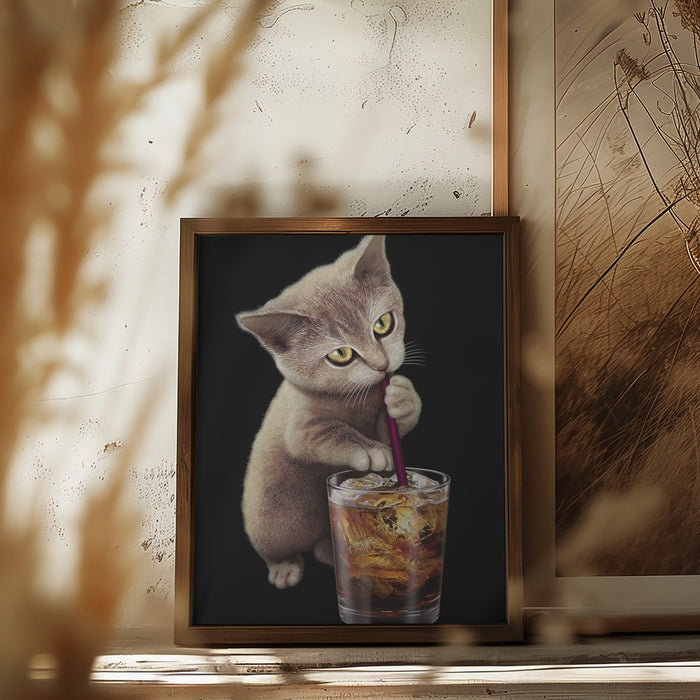 cat and soft drink Framed Art Wall Decor