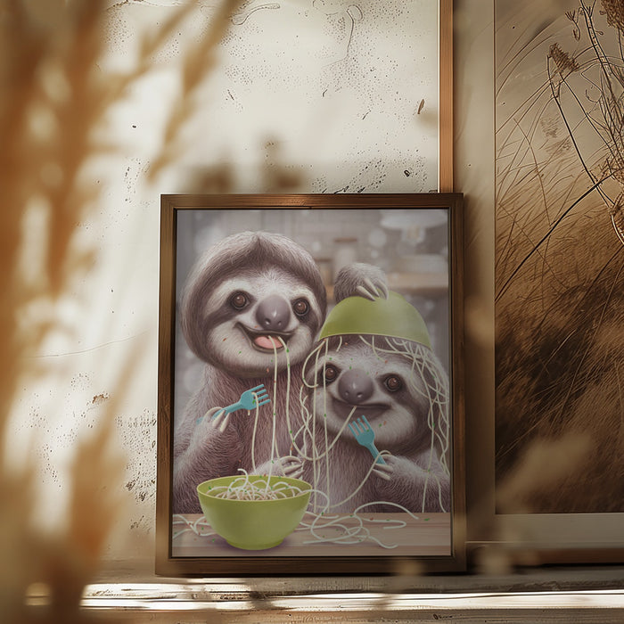 YOUNG SLOTH EATING SPAGETTI Framed Art Modern Wall Decor