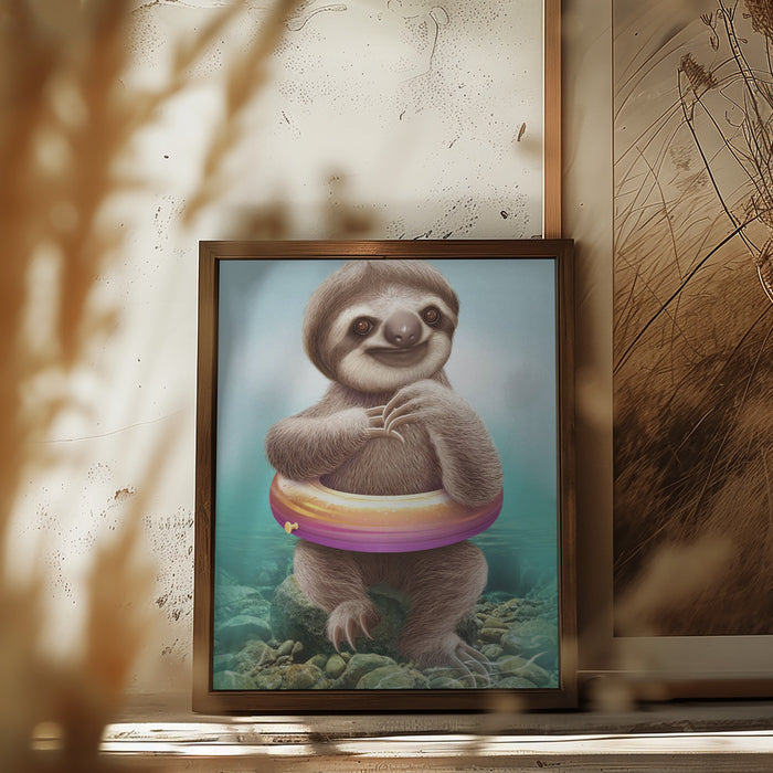 YOUNG SLOTH WITH BUOY Framed Art Modern Wall Decor