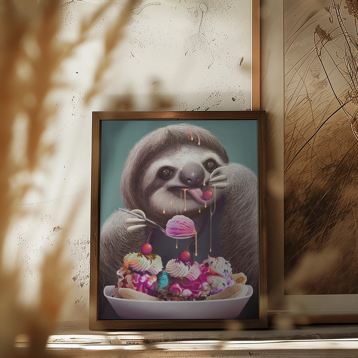 SLOTH ENJOYING ICE CREAM Framed Art Modern Wall Decor