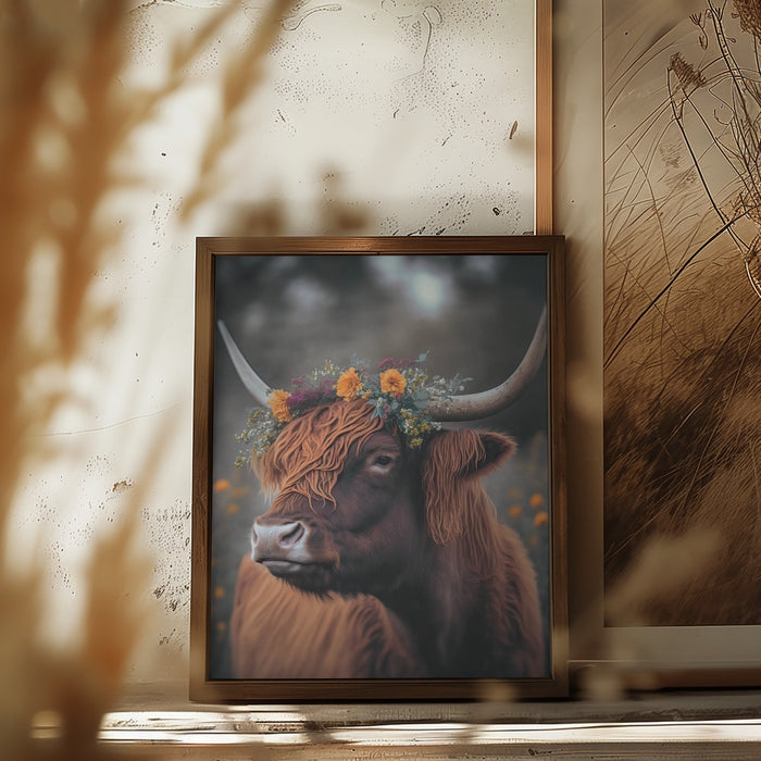 Highland Cow With Flowers Framed Art Modern Wall Decor