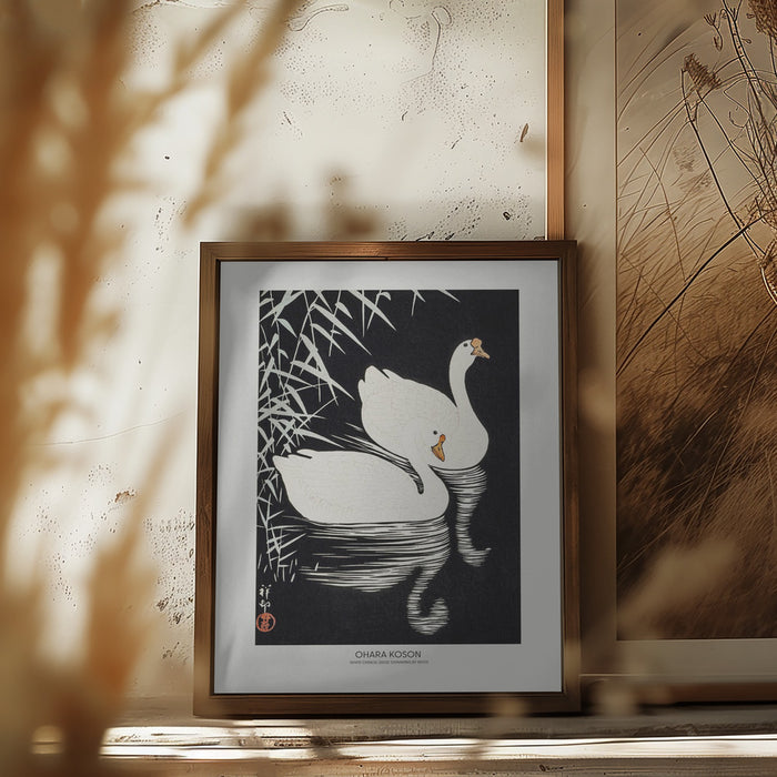 White Chinese Geese Swimming by Reeds Framed Art Modern Wall Decor