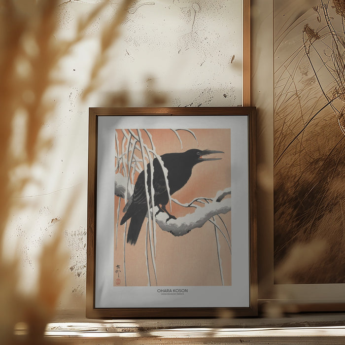 Crow On Snowy Branch Framed Art Wall Decor