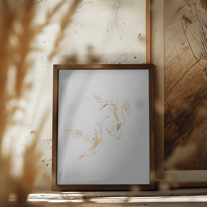 Gold Hummingbird Line art Silhouettes 4 Framed Art Wall Decor