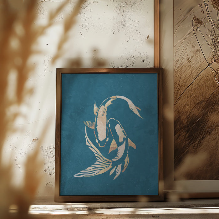 Gold Blue Koi Fish Framed Art Wall Decor