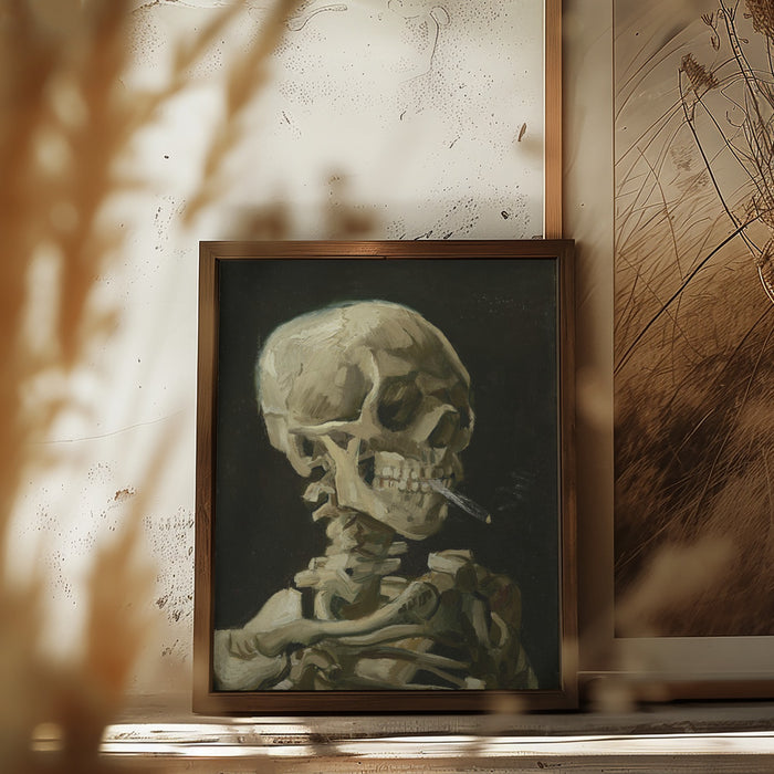 Head of a skeleton with a burning cigarette Framed Art Modern Wall Decor