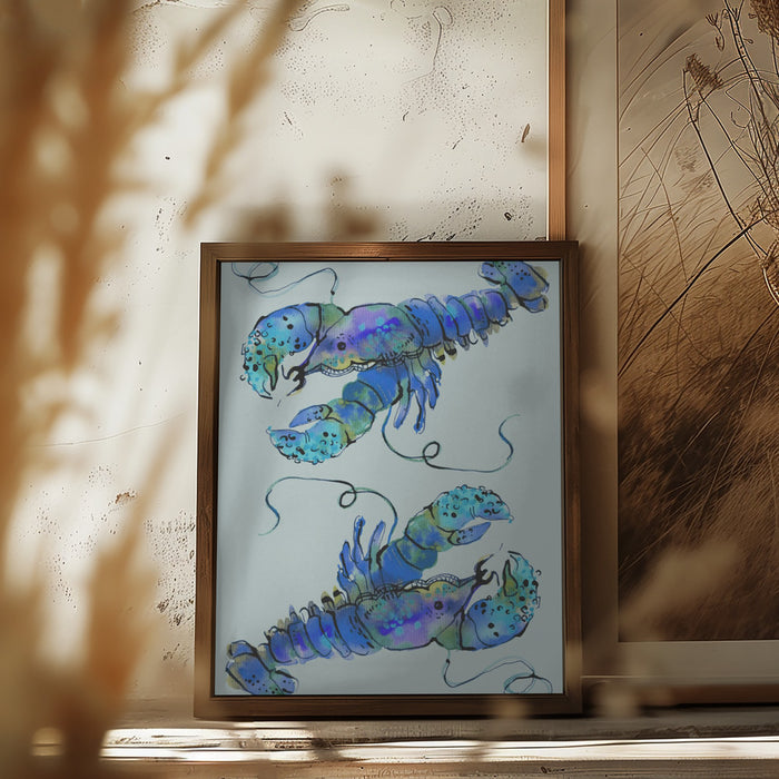 Lobsters On Azure Framed Art Wall Decor