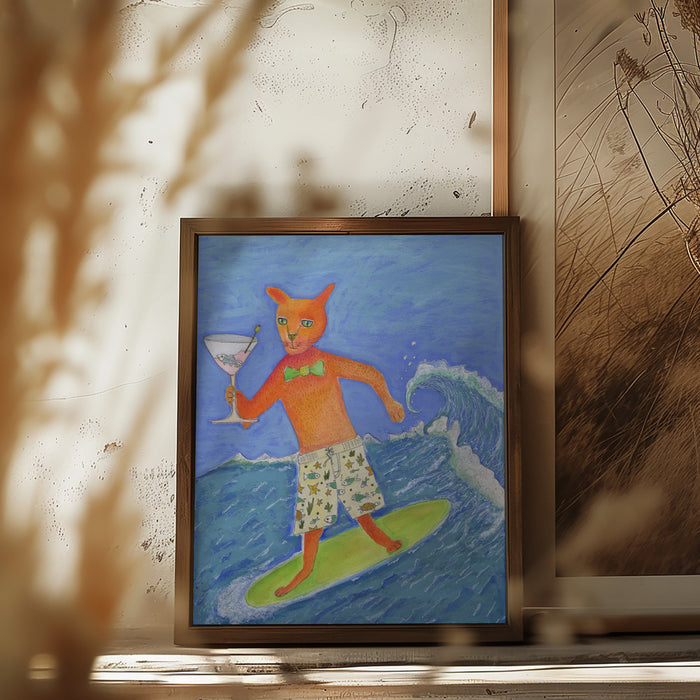 Surfing Cocktail Cat Framed Art Wall Decor