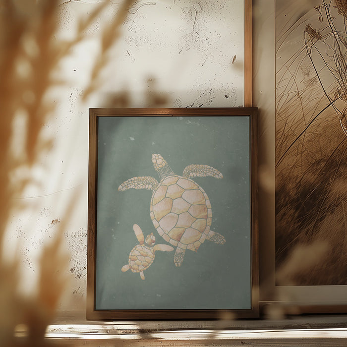 Gold Sage Green Turtles Framed Art Wall Decor