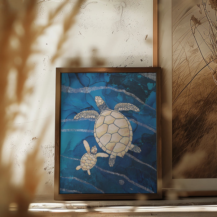 Gold turtles swimming Framed Art Wall Decor