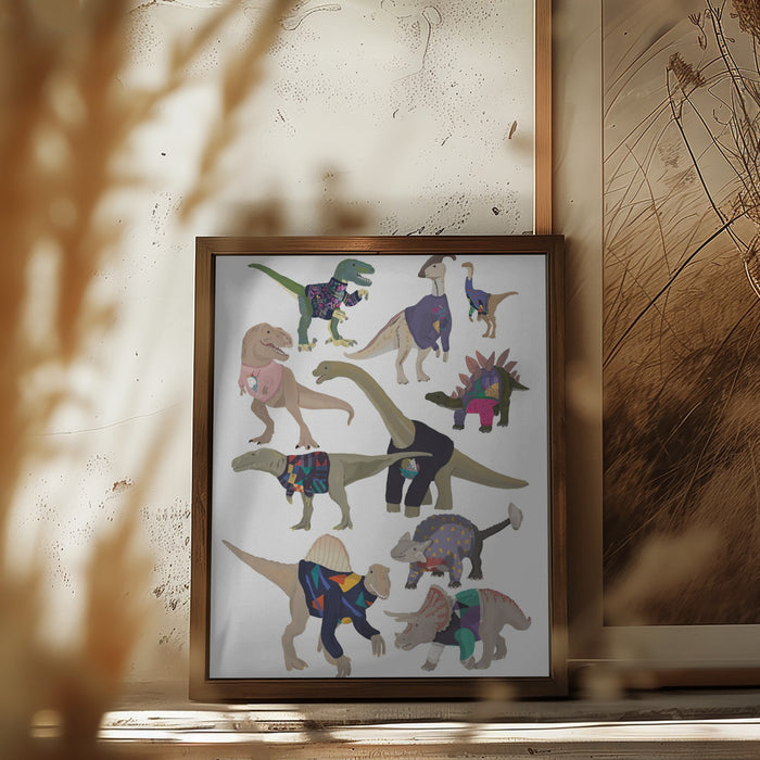 Dinosaurs In 80s Jumpers Framed Art Wall Decor