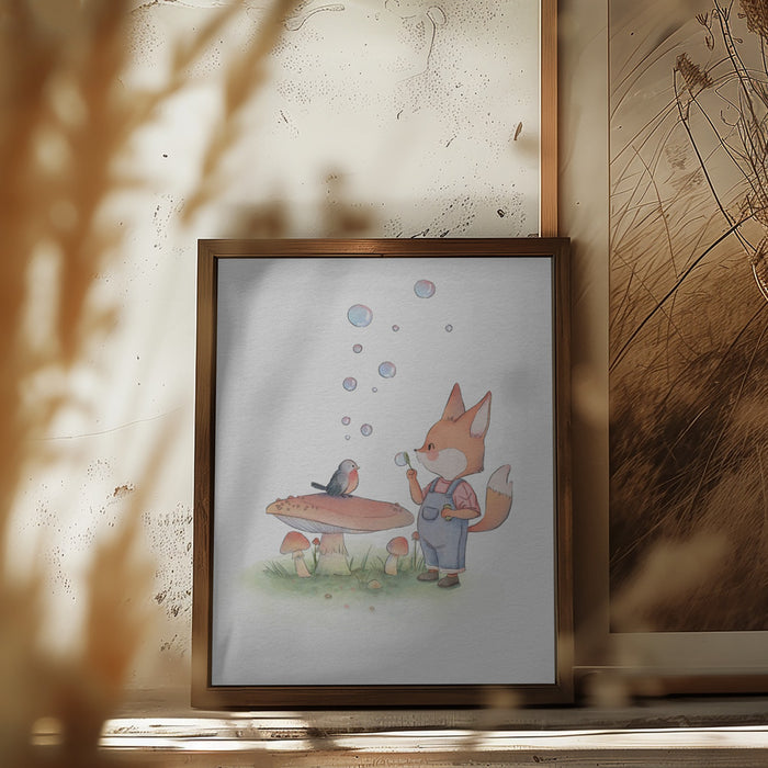 Fox and Bird Illustration Framed Art Wall Decor